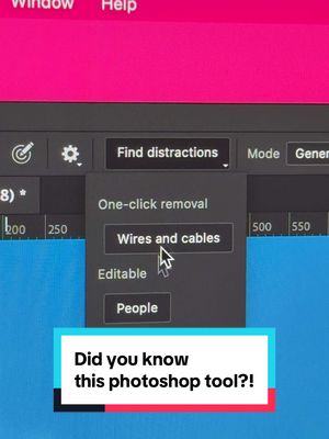 A post by @pinkponycreative on TikTok caption: Photoshop you are WILD for this… 🤯 When people say they don’t like AI and aren’t on board with it, I’m pretty sure they are forgetting that a lot of Photoshop tools use AI to generate content and have done for years. Photoshopped released a one-click removal for wires and cables and it is a life-saver when it comes to cleaning up those unwanted aspects to your photos. Simply find the REMOVE TOOL > FIND DISTRACTIONS > WIRES AND CABLES. HOW GOOD. Did you know about this tool!? @photoshop #photoshoptutorial #photoshop #photoshoptips 