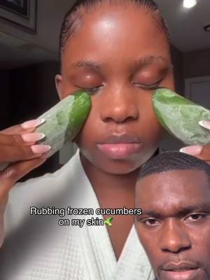 A post by @tyshonlawrence on TikTok caption: Rubbing frozen cucumbers to my face as a skin care routine for the first time 