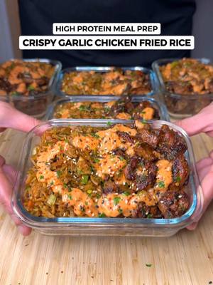 A post by @jalalsamfit on TikTok caption: High Protein Crispy Garlic Chicken Fried Rice🍗🍚🔥 There’s no reason to eat bland meal preps! Taking chicken & rice to the next level! Incredibly simple & easy to make, packed with flavour and with great macros🤌🏽 Macros Per Serving (5 Total) 592 Calories | 48g Protein | 53g Carbs | 20g Fat Ingredients (5 Servings) Crispy Garlic Chicken - 1000g Boneless Skinless Chicken Thighs - 2 Tsp Black Pepper - 1.5 Tsp Chilli Flakes - 2 Tsp Garlic Powder - 2 Tsp Onion Powder - 25g Dark Soy Sauce - 25g Light Soy Sauce - 2 Tsp Olive Oil (optional) - 20g Reduced Fat Butter for cooking - 1 Tbsp Fresh Parsley finely chopped Onion Butter Fried Rice - 280g Uncooked White Rice, cook this to have 620g cooked weight or preferably use cold leftover cooked rice - 30g Reduced Fat Butter - 150g White Onion finely chopped - 100g Spring Onion white part chopped - 100g Carrots chopped - Extra Seasoning: 1 Tsp each Black Pepper, Onion Powder, Parsley - 20g Dark Soy Sauce (add more if needed) - 20g Light Soy Sauce - 40g Oyster Sauce - Big Handful Chopped Spring Onion  Garlic Yum Yum Sauce (enough for 8+ meals) - 150g Light Mayo - 75g Reduced Sugar Ketchup - 75g Sriracha - 1 Tsp Minced Garlic - 1/2 Tsp Ginger Powder - 1 Tbsp Rice Vinegar - Dash of Milk or water for desired consistency Garnish - Fresh Parsley chopped - Chilli & Garlic grinder mix - Sesame Seeds Don’t forget to check my Digital Cookbooks with over 225+ Recipes!👨‍🍳❤️ . . . . #chickenfriedrice #friedrice #crispychicken #chicken #chickenrecipes #highprotein #mealprep #weightloss #healthyrecipes #Foodie #fitness #mealprepideas #chickenrice #jalalsamfit 