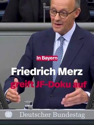 A post by @jungefreiheit on TikTok caption: Schaut Friedrich Merz heimlich JF-Dokus? Der CDU-Chef thematisiert den Bezahlkartenbetrug der Grünen in Bayern im Bundestag! CDU und FDP applaudieren, während SPD und Grüne lange Gesichter machen.