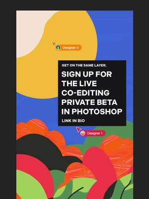 A post by @photoshop on TikTok caption: Collab mode: ON. Who’s hopping in? 🖱️ Live Co-Editing in Photoshop—link in bio to sign up for the Private Beta 🔗