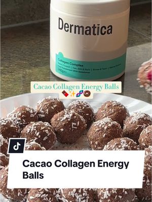 A post by @dermatica on TikTok caption: These are the perfect skincare snack: Cacao-Collagen Energy Balls 🍫⚡️ You get the science-backed benefits of marine collagen and antioxidants, combined with nourishing, chocolatey goodness 😋 Ingredients (makes 12) ✨ 100g cashews ✨ 100g almonds ✨ 40g desiccated coconut ✨ 12 scoops Collagen Complex ✨ 4 tbsp cacao powder ✨ 200g pitted medjool dates ✨ A pinch of salt ✨ Extra desiccated coconut for rolling Directions 1️⃣ Add cashews, almonds and desiccated coconut to a food processor. Blend until it forms a fine, sandy texture. 2️⃣ Turn off the food processor, then add Collagen Complex and cacao powder into the mixer bowl. Pulse until evenly combined. 3️⃣ With the food processor running, slowly add two or three dates at a time. The mixture should start to clump together. 4️⃣ When there are no more large chunks, turn off the food processor. The mixture should stick together easily when pinched. 5️⃣ Remove the blade and safely set aside. Pull off bite-sized amounts of mixture and roll into balls. Lightly wet your hands with water to make rolling easier. 6️⃣ Pour the extra desiccated coconut on a plate and gently roll each ball to coat. 7️⃣ Place on a plate, or store in a container in the fridge. Eat within one week. #collagen #cacao #collagensupplements #energyballs 