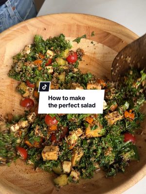 A post by @healthygirlkitchen on TikTok caption: How to make the perfect salad  Preorder the Life Changing Salads Cookbook now at lifechangingsalads.com 😉 Base: Green or Grain (or both!)  Protein: pick a protein to keep you full  Starch or warm veggie Fresh veggies: 1-2 veggies for crunch, crispness and freshness Nuts/seeds: adds CRUNCH, texture and healthy fats!  Cheese or fat: adds creaminess or saltiness (like a feta or avocado or both!)  Dressing: pulls it all together!  Bonus: fresh herbs like dill, parsley or cilantro  The secret to making a salad yummy is combining different textures, flavors and a delicious dressing BUT a perfect salad in my opinion is also a filling salad that can keep you going and give you energy and fuel. Including all of these elements in a salad helps to make it a complete meal.  Extra tips:  1. Massage your kale if you’re not finely shredding it like me  2. Make dressing in bottom of the bowl to avoid dirtying an extra dish  3. Use a hearty green like kale  to prevent sogginess in the fridge  Meal prep kale salad:   - Shredded kale - Sautéed tofu  - Tri color quinoa - Cucumber  - Tomato  - Roasted sweet potato  - Dairy-free feta  - Sunflower seeds  - Balsamic vinaigrette: olive oil, balsamic vinegar and salt  #salad #healthy #healthymeal #recipes #saladlover #salads 