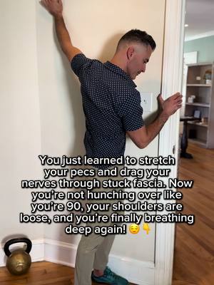 A post by @youngeryoudoc on TikTok caption: Pec Stretch & Nerve Flossing for Better PostureHere’s how to do it:	                     1. Position your hip against the wall first.                                                       2. Press your chest against the wall to open up the stretch.	                            3. Place your arm in position—	                 •	If it’s your right arm, aim for 2 o’clock.	                                                       •     If it’s your left arm, aim for 10 o’clock.                                               	4. Extend your wrist to floss the nerves through the fascia.                                🔥Yes, it’s normal to feel tingling in your fingers—that’s your nerves being mobilized.                                               ➡️We spend most of the day hunched over, leading to poor posture, tight shoulders, neck pain, and shallow breathing.                                              This stretch helps restore posture, improve flexibility, and enhance breathing by relieving fascial tension.Give it a try, and feel the difference! #posture #shoulderpain #posturecorrection 