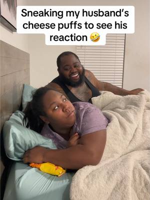 A post by @snacksandlex on TikTok caption: Snacks just knew it was some snacks around 🤣 #reaction #fyp #couplegoals #snacks #husbandwife #funnyvideo #foryoupage 