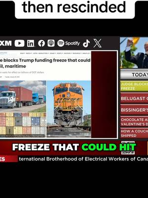 A post by @fwwhatthetruck on TikTok caption: Funding freeze blocked, then rescinded #dot #fundingfreeze #trump #federal #government #debt #trucking #rail #shipping #logistics #supplychain #whatthetruck 