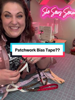 A post by @shesewsseams on TikTok caption: Bias tape typically comes in solid colors in the store.  You can learn how to make your own using more fun fabrics.  But what if that's STILL not fun enough? In this tutorial I am going to show you how to patchwork your bias tape to make the ultimate unique bias binding.  This will be sure to make your creation truly one of a kind!  Let's do it! #sewingtutorial #sewing #quilting #sewingdiy #biastape #biasbinding #patchwork #sewingtips #sewinghacks 