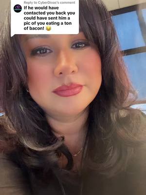 A post by @sillyangiek on TikTok caption: Replying to @CyberDivas love the way you think 💭 lol bacon grease just dripping down my face! #dating #nightmaredate #single #divorced #nopork #bacon #shrimp #fyp #fypシ 