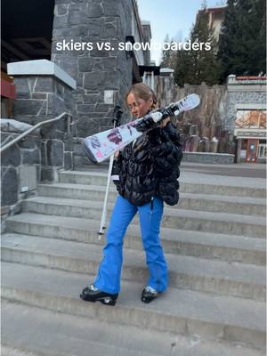 A post by @twincoast on TikTok caption: skiers vs. snowboarders 😂😭 #skiing #apreski #snowboarding #skitok #foryou #foryoupage #snow #relatablecontent #whistler #snowboardtok #mountain 