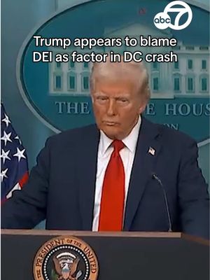 A post by @abc7newsbayarea on TikTok caption: Pres. Trump went on the offensive against DEI initiatives at his press briefing on the plane crash. @marykbruce: "Are you saying this crash was somehow caused and the result of diversity hiring?" Trump: "It just could have been." Officials have not yet released details on what caused the crash. 