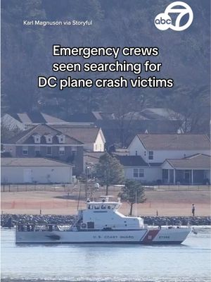 A post by @abc7newsbayarea on TikTok caption: Emergency crews were seen searching the Potomac River for the bodies of victims of the plane crash on Wednesday over Washington, D.C. Officials say that all 64 people involved in the mid-air collision with a Black Hawk helicopter are feared dead. #dcplanecrash #potomacriver #planecrash #abc7news 