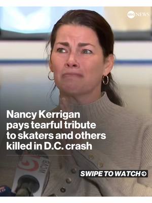 A post by @abc7newsbayarea on TikTok caption: Former Olympic figure skater Nancy Kerrigan spoke alongside the Boston skating community, following the deadly plane crash over the Potomac River. At least 14 figure skaters are among the victims of the crash between an American Airlines commercial flight and a U.S. Army Black Hawk helicopter, officials said. "Our sport and this club have suffered a horrible loss with this tragedy,” the CEO and executive director for the Skating Club of Boston said. Two coaches, two teenage athletes and two moms of athletes were from the Boston club. #dcplanecrash #planecrash #IceSkating #nancykerrigan #americanairlines #potomacriver #breakingnews #abc7news #fyp #foryoupage 