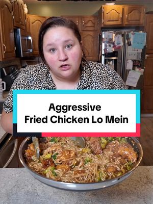 A post by @applesauceandadhd on TikTok caption: #AggressiveTutorials #AggressiveTutorialLady #AggressiveCookingShow #AggressiveCookingTutorials #Aggrecipes #friedchickenlomein #chickenlomein 