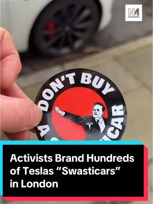 A post by @novaramedia on TikTok caption: Activists have branded hundreds of Teslas as ‘Swasticars’ in London, as recent YouGov polling shows 71% of the British public have an unfavourable view of Elon Musk. “Don’t buy swasticars” stickers depicting Elon Musk as Hitler, referring to the salute he performed at Donald Trump’s inauguration, have appeared on Teslas across London today. The People vs Elon campaign, launched on Sunday, is already projected to raise more than £50,000 for anti-racist and anti-fascist causes. Last week, UK activists turned each tweet Musk posted into donations, where donors pledge as little as 1p per tweet. The money is donated evenly between organisations such as Everyday Racism, Rainbow Migration and Women for Refugee Women. Elon Musk is reportedly furious people keep calling Tesla cars “swasticars”.