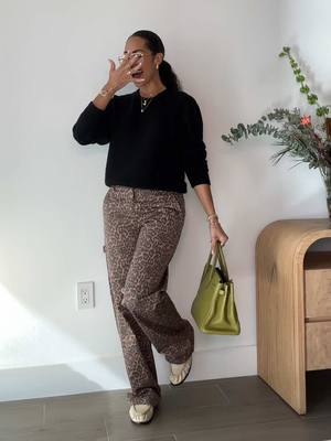 A post by @farahpinkk on TikTok caption: leopard pants outfit idea 🤎 #noisymay #nordstromrack #leopardprintpants #howtowear #saintlaurentleloafer #yslloafers #creamloafers #jacquesmariemage #birkin30 #vertchartreuse #hermesoutfit #cooljewelry 