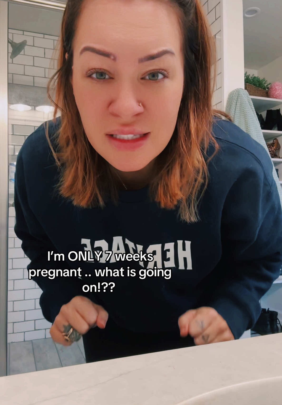 A post by @mrs.chamberlain_13 on TikTok caption: They say the more times you are pregnant the faster you show!?? Is this really a thing bc I’m HUGE! Nothing fits already and I feel like a giant whale! #pregnant #pregnancy 