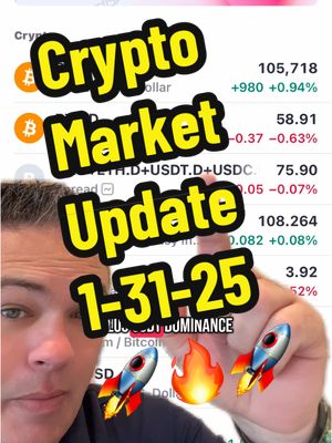 A post by @investingyalljoshrhodes on TikTok caption: Crypto Market Update 1-31-25 🚀🔥🚀 #Cryptocurrency #Crypto #Bitcoin #BTC #Ethereum #ETH #Blockchain ##CryptoTrading #CryptoInvesting #CryptoCommunity #CryptoMarket #CryptoCurrencyNews #CryptoLife #CryptoWorld #CryptoInvestor #CryptoEducation #CryptoTips #CryptoGains #Altcoins #DeFi #NFT #NFTCommunity #NFTs #Metaverse #CryptoAnalysis #CryptoAlert #CryptoStrategy #CryptoPortfolio #Finance #Investing #Investment #Investor #Wealth #WealthBuilding #FinancialFreedom #FinancialLiteracy #FinancialIndependence #Money #MoneyManagement #PassiveIncome #Earnings #RichMindset #PersonalFinance #SmartInvesting #InvestmentStrategy #Stocks #StockMarket #StockTrading #StockInvestor #DayTrading #SwingTrading #StockMarketNews #StockMarketTips #StockAnalysis #StockAlert #StockPicks #StockPortfolio #RealEstate #RealEstateInvesting #RealEstateInvestor #PropertyInvestment #RealEstateMarket #RealEstateTips #RealEstateStrategy #PropertyManagement #RealEstateLife #RealEstateSuccess #InvestmentTips #InvestmentOpportunities #InvestmentPortfolio #LongTermInvesting #RetirementPlanning #WealthManagement #AssetManagement #InvestmentGoals #Fintech #TechInvesting #Innovation #TechNews #FutureTech #digitalassets #greenscreen 