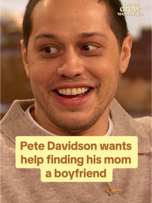 A post by @thedrewbarrymoreshow on TikTok caption: Pete Davidson wants help finding his mom a boyfriend (and her type is Jon Hamm 👀). #petedavidson #jonhamm #drewbarrymore #dogmanmovie 