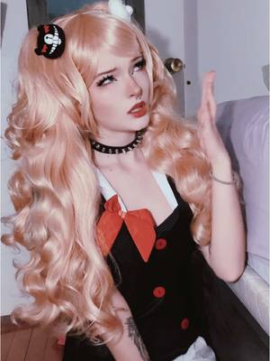 A post by @peachyfizz on TikTok caption: this wig is sooo heavy. also HAPPY FRIDAY!! how was your week? 🌸 🌸  #junkoenoshima #junkoenoshimacosplay #danganronpacosplay #danganronpa #fyp #2020 