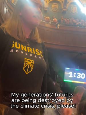 A post by @sunrisemvmt on TikTok caption: 🚨 BREAKING: young people disrupted last night’s forum for Democratic Party Chair candidates to demand party leaders break with billionaires.