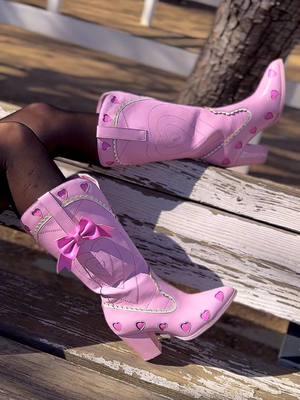 A post by @yrushoes on TikTok caption: Hearts & Bows!🩷🎀 The pink Space Cowgirl Lolita is on presale now! Sizes 5-12 available!🎀🩷 #yrushoes #shoes #platforms 