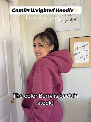 A post by @unicacristal on TikTok caption: Berry continues to be super popular! Get your size before it sells out again ❤️ #comfort #comfrt #comfrtclothing #comfrthoodie #comfrtsweatpants #hoodie #sweatpants #weightedhoodie #comfyclothes #oversizedhoodie #anxietyhoodie @Comfrt 