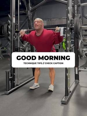 A post by @drmikeisraetel on TikTok caption: SMITH MACHINE GOOD MORNING TIPS ⏬ 1.) Use warm up sets to figure out where to place your feet, then ideally mark it with some chalk to make sure you can replicate the position. You want to place your feet in the spot in which you can get the best ham stretch on the way down with a tight lower back. 2.) Push your butt BACK slowly while keeping your chest up and knees just shy of lockout. 3.) During warmups, choose a stopper height that gives you a great ham stretch but leaves you feeling tight at the bottom. This can standardize the movement and remove any uncertainty about proper depth during work sets. 4.) Slow on the eccentric is mandatory. A small pause at the bottom while staying tight is optional, but a good idea to try. 6.) It’s duct tape. I can’t reach the bar anymore due to mobility issues. 7.) Yes, red is the only color you should wear to the gym. Want to train like me? Check out the @rpstrength RP Hypertrophy App in my bio! #exercisescientist #celebrityworkouts #celebritytrainer #celebtrainer #reacts #GymTok #rpstrength #rplifestyle #rpdiet #teamfullrom #mrv #rp #renaissanceperiodization #rphypertrophyapp #hypertrophytraining #workouttips #trainingtips #nutritiontips #techniquematters