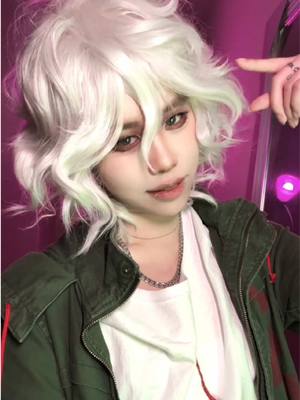 A post by @kohmaedas on TikTok caption: this trend was made for cosplayers // thank you for all the love on my nagito HEHE #nagitokomaeda #nagitokomaedacosplay #nagitocosplay #unrecognizablemakeup #danganronpa #danganronpacosplay 