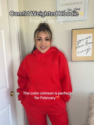 A post by @unicacristal on TikTok caption: Happy February! This is the perfect time to get you the Comfrt sweat set in the color crimson! So Comfy and warm. ❤️ #comfort #comfrt #comfrthoodie #comfrtsweatpants #comfrtclothing #hoodie #oversizedhoodie #sweatpants #weightedhoodie #anxietyhoodie #comfyclothes @Comfrt  