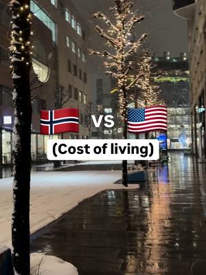 A post by @speaknorsk on TikTok caption: Overall Cost of Living 	•	Norway: The average monthly cost of living is approximately $2,035. 	•	United States: Slightly higher, with an average monthly cost of $2,454. This indicates that, on average, the United States is about 17% more expensive than Norway.  Housing 	•	Rent: 	•	Norway: Rent for a 1-bedroom apartment in the city center averages around $1,030 per month. 	•	United States: Comparable apartments average about $1,656 per month. This suggests that housing costs in the United States are approximately 60.7% higher than in Norway.  Groceries 	•	Bread (1 loaf): 	•	Norway: Approximately $3.03. 	•	United States: Around $3.49. 	•	Milk (1 gallon): 	•	Norway: About $7.41. 	•	United States: Approximately $3.91. Overall, groceries are about 16% more expensive in the United States compared to Norway.  Transportation 	•	Gasoline (1 gallon): 	•	Norway: Approximately $7.32. 	•	United States: Around $3.61. Transportation costs are about 20.2% less in the United States compared to Norway.  Dining Out 	•	Basic Meal at an Inexpensive Restaurant: 	•	Norway: Around $18.52. 	•	United States: Approximately $18.59. Dining out costs are relatively similar between the two countries, with the United States being slightly more expensive.  Utilities 	•	Basic Utilities (Electricity, Heating, Cooling, Water, Garbage) for an 85m² Apartment: 	•	Norway: Approximately $308.82 per month. 	•	United States: Around $162.08 per month. Utilities are about 91% more expensive in Norway compared to the United States.  Conclusion While the overall cost of living is higher in the United States, specific expenses such as housing and groceries can be more affordable in Norway. However, other costs like utilities and transportation may be higher in Norway. Individual experiences will vary based on personal lifestyle and the specific city or region within each country.  #norway #usa #newyork #nyc #losangeles #learnnorwegian #studynorwegian #lifeinnorway #LifeIsGood 