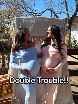 A post by @misscarinab on TikTok caption: Double trouble 🩷🩵 @BUMPSUIT #babyshower #pregnantsister #cousincrew @taliapowers @Sister Talk 