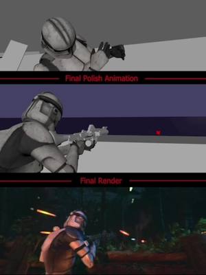 A post by @cvrlosmvrtinez on TikTok caption: Breaking down the animation process: 🔹 Top: Raw, uncleaned mocap 🔹 Middle: Polished animation with refined movement 🔹 Bottom: Final render with lighting, FX, and compositing I keyframed a lot of this piece, but as I progressed, I found a way to integrate rough mocap data to add grounded realism. The mocap was too raw to use directly, so I layered keyframe animation on top, using it as a base to push the movement further. A mix of both worlds for the best result. 🎬🔥 #StarWars #CloneWars #CloneTroopers #UnrealEngine #3DAnimation #Animation #VisualStorytelling #VFX #3DArt #fyp #fypage