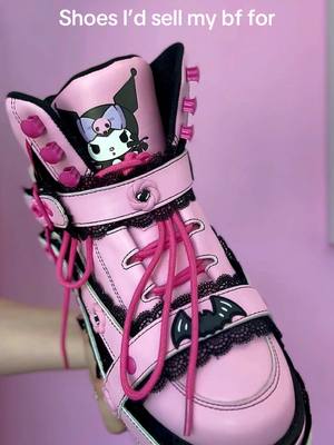 A post by @yrushoes on TikTok caption: Anything for Kuromi!!🖤🩷 The Qozmo BNDG Kuromi in pink now shipping!! With bat and lace details!🩷🖤 #yrushoes #kuromi #sanrio #shoes #platforms 