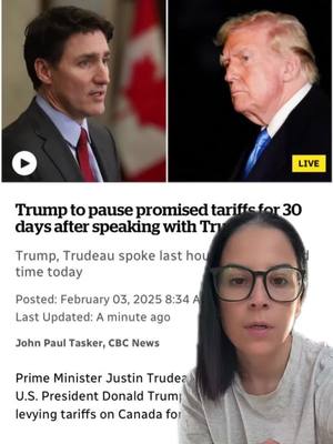 A post by @jenniferelle_ on TikTok caption: President Donald Trump is pausing tariffs he initially imposed on Canada for the next 30 days. #cdnpoli #cdnpolitics 