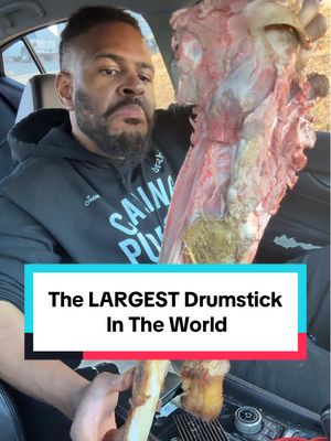 A post by @mr.chimetime on TikTok caption: The LARGEST Drumstick In The WORLD🤯🔥.. #ncfoodie #ostrich #foodreview #foodcritic