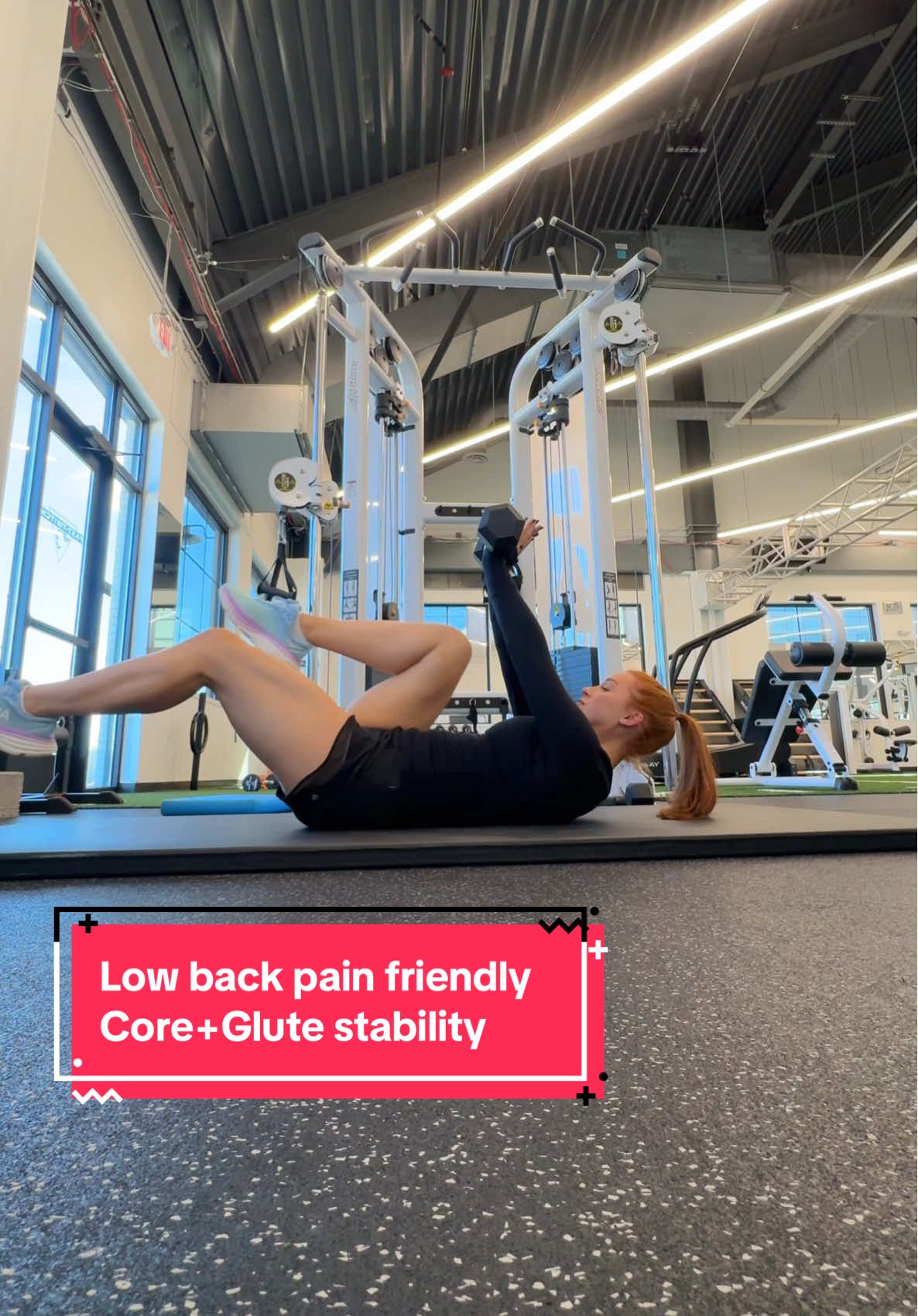 A post by @alexxiacox on TikTok caption: Low back pain friendly core and glute exercises - keep core tight for each exercise, and pressed against mat for laying down exercises #lowbackpain#spinalfusion#l5s1#workout#coreworkout#abs 