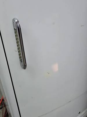 A post by @dustyoldstuff on TikTok caption: power consumption of new energy star fridge half the size of 1939 model. #vintage #refrigerator 