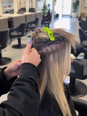 A post by @hairby_savannahbrooks on TikTok caption: Building the track 🙂 this process took me 7 mins but no one wants to watch that for 7 mins 😂🫶🏼💙 #sandiego #sandiegohairstylist #foryoupage #champagneblonde #infinityweft #bellamihairpro 