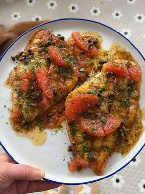 A post by @haileecatalano on TikTok caption: flounder with brown butter and grapefruit 