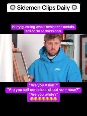 A post by @top__tik__toks on TikTok caption: Harry trying to guess who is behind the curtain, he can only ask questions with a yes or no reply, safe to say he does not let us down with his incredible answers and drawings, only Harry could pull something off like this 😂😂😂 #sidemen #sidemensunday #sidemenclips #haha #sidemenfunnymoments 