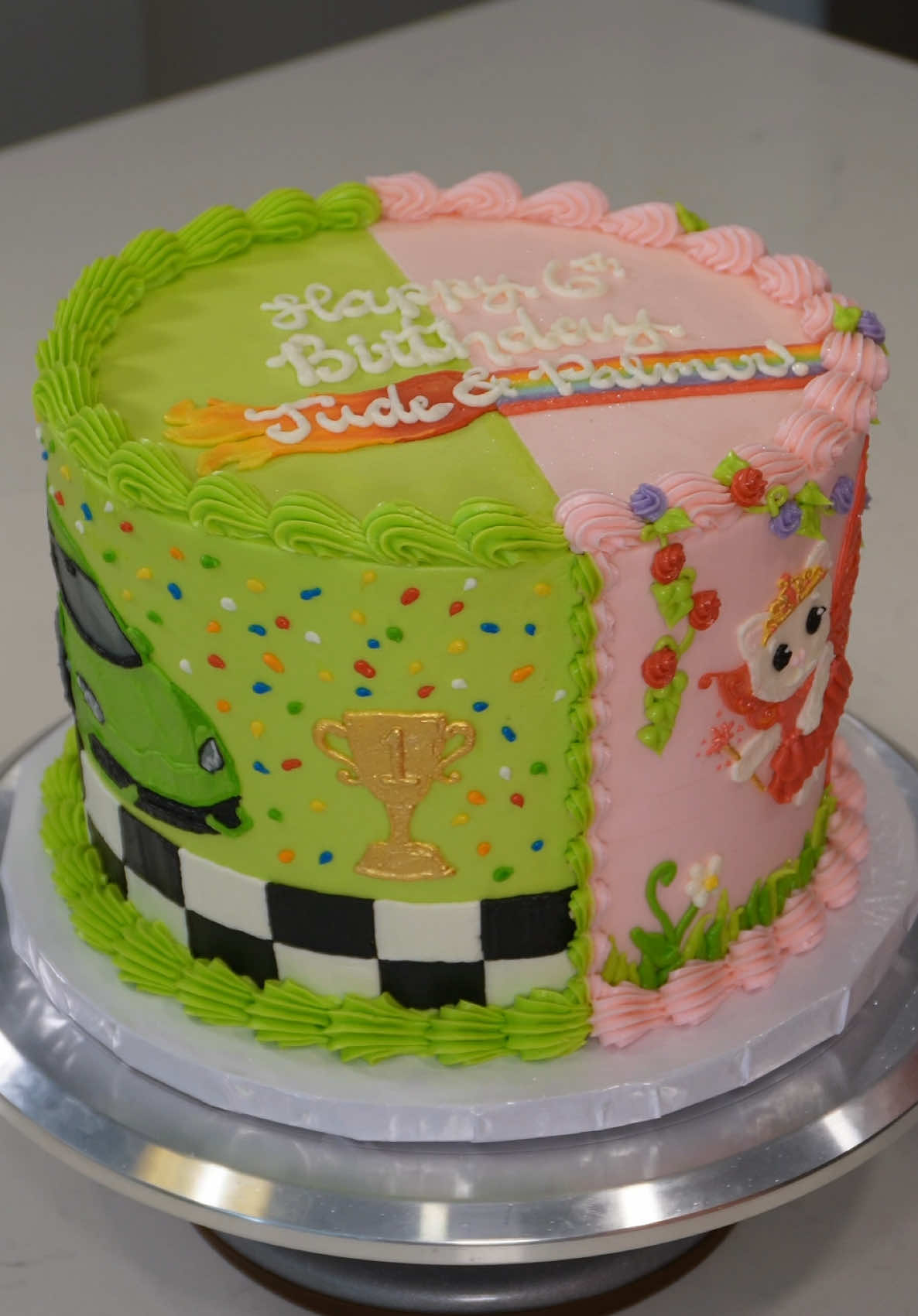 A post by @savsgotcake on TikTok caption: Green Lamborghini & Pink Fairy Cat Cake💚🏁💗🍓🌼 #cakedecorating #cakedecorator #birthdaycake #kidscake #pink #green 