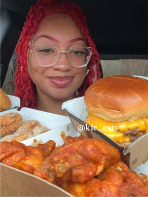 A post by @kie_eats on TikTok caption: @Buffalo Wild Wings mukbang 🍔 I got the Bacon Smashed Hatch Chile Burger, Onion Rings, Potato Wedges, Hot Wings and Boneless Salt and Vinegar Wings 🍗 #buffalowildwings #burger #crunchy #mukbang #fyp #asmr Buffalo Wild Wings Mukbang 