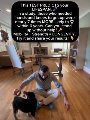 A post by @youngeryoudoc on TikTok caption: This simple test can predict your lifespan. 🧬 A Brazilian study found that people who couldn’t stand from the floor without using hands or knees were nearly 7 times more likely to die within 6 years. 💀 Want to live longer? Improve your mobility, flexibility, and strength—because longevity depends on it. 🔑 Movement is life. Try the test and let me know how you did! 👇#Longevity #HealthTest #MobilityMatters #StrengthAndHealth #MovementIsMedicine #WellnessTips #AntiAging #HealthHacks #FitnessCheck #LongevityBlueprint #MobilityTest #LiveStronger #HealthyLifestyle #LifeExpectancy #FunctionalFitness #BodyStrength #HealthAwareness #MovementIsLife #StayStrong #longevity #longevitylifestyle #fyp 