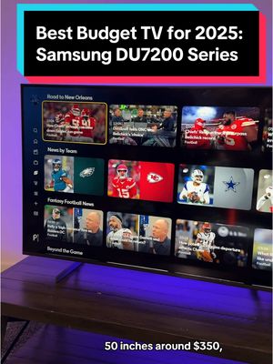 A post by @cnetdotcom on TikTok caption: If you’re thinking of upgrading your #TV for the #SuperBowl, or just need a new one, the #Samsung DU7200 is our favorite budget TV of the year. They start at $350 for a 50-inch and $900 for the 85-inch but you could find them for less with Super Bowl sales. 👀📺#samsungdu7200 #tvs #budgettv #television #tvshopping #newtv #budgettech #tech #85inchtv #50inchtv 