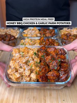 A post by @jalalsamfit on TikTok caption: High Protein Honey BBQ Chicken & Garlic Parmesan Potatoes🍗🧀🍟 The perfect balance of savoury, sweet & tangy! So much depth in flavour with even more protein thanks to the upgraded creamy sauce🤌🏽🔥 Macros Per Serving (5 Total) 578 Calories | 55g Protein | 50g Carbs | 17g Fat Ingredients (Makes 5) Honey BBQ Chicken: - 1000g Raw Chicken Breast, cubed - 2 Tsp Garlic Powder - 2 Tsp Smoked Paprika - 1.5 Tsp Cumin - 1.5 Tsp Salt - 2 Tsp Black Pepper - 2 Tsp Olive Oil - 30g Light Butter (for cooking all batches) - 60g Honey (to coat all batches) - 160g Sugar Free BBQ Sauce (Brand: G Hughes) - 2 Tbsp Fresh Parsley, chopped • Cook on medium heat for 5 mins per side till golden and crispy • Lower the heat when adding honey & BBQ sauce. Mix for 1 min till well coated! Garlic Parmesan Potatoes: - 1000g Uncooked Potatoes, cubed - 1.5 Tsp Salt - 2 Tsp Italian Herbs - 2 Tsp Smoked Paprika - 1.5 Tsp Garlic Powder - 1.5 Tsp Onion Powder - 30g Grated Parmigiano Reggiano - 2 Tsp Olive Oil (optional) • Oven bake or air fry for 20-22 mins till golden and crusted Creamy Sauce: - 200g Fat Free Cottage Cheese, blended - 300ml 1% Milk - 1 Tsp Italian Herbs - 1 Tsp Garlic Powder - 40g Grated Parmesan • When adding blended sauce to pan, make sure it’s low heat! Don’t need to cook the sauce Don’t forget to checkout my Digital Cookbooks with over 225+ High Protein Delicious Recipes!👨‍🍳❤️ . . . . #honeybbq #bbqchicken #garlicparmesan #chicken #potatoes #chickenrecipes #highprotein #mealprep #mealprepideas #healthyrecipes #weightloss #fitness #lowcalorie #EasyRecipes #jalalsamfit 