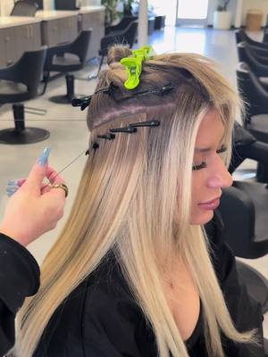 A post by @hairby_savannahbrooks on TikTok caption: The start of the sew 💙🫶🏼 #sandiego #sandiegohairstylist #foryoupage #champagneblonde #infinityweft #bellamihairpro #salonesby 