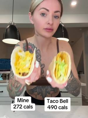 A post by @trainwithshay on TikTok caption: Low Calorie/High Protein Taco Bell Cheesy Gordita Crunch 🌮🔥 Macros for each taco: 272 cals, 31P, 32C, 8F Ingredients: 56 grams (1/4 cup) 96/4 lean ground beef 5 grams (~2 tsp) Old El Paso 25% less sodium taco seasoning 35 grams (~1/3 cup) Kraft fat free shredded cheddar cheese 1 Mission Carb Balance flour tortilla 1 Old El Paso crunchy taco shell 21 grams (~1 1/2 tbsp) Chobani non-fat plain Greek yogurt 2 grams (1/2 tsp) Sriracha 1 gram (~1/4 tsp) ranch seasoning 5 grams (~1 1/2 tbsp) shredded iceberg lettuce Directions: Add 56 grams (1/4 cup) 96/4 ground beef in a pan over medium heat. Once it is almost completely cooked, add 1 tbsp water and 5 grams (~2 tsp) low sodium taco seasoning. Rinse 35 grams (~1/3 cup) fat free shredded cheddar cheese, pat it dry with a paper towel, and add 28 grams (1/4 cup) of it on top of a low carb flour tortilla. Place the tortilla in the microwave for 30 seconds to melt the cheese. Place a hard taco shell inside of the soft tortilla, wrapping each side up against the hard shell. Into a small bowl, add 21 grams (~1 1/2 tbsp) non-fat plain Greek yogurt, 2 grams (1/2 tsp) hot sauce, and 1 gram (~1/4 tsp) ranch seasoning and mix until thoroughly combined. To thin out the sauce, add a dash of water to the mix and stir (only add a tiny bit at a time, until you get the consistency of a ranch dressing). Add the cooked ground beef to the taco shell followed by the sauce, lettuce, and 7 grams (1 tbsp) fat free shredded cheddar cheese.