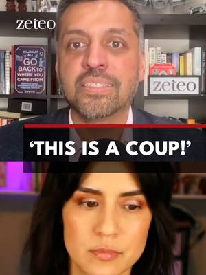 A post by @zeteonews on TikTok caption: ‘This is the world's richest man using $300 million as a quid pro quo to get access to our information so he can…make money for himself and his broligarchy billionaire friends.’ America Unhinged Hosts Wajahat Ali and Francesca Fiorentini discuss Elon Musk’s ‘coup’ of the U.S. government and its terrifying implications. Tune in for tonight’s episode at 8pm EST/5pm PST on Youtube/ @zeteo Link in bio to watch full episode.