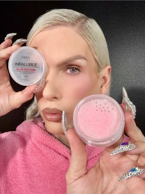 A post by @jeffreestar on TikTok caption: Battle of the pink setting powders! 😱 The NEW $16 @loréal paris usa infallible blur-fection VS. $21 @about-face beauty curtain call #makeupreview #jeffreestar #settingpowder #loreal #aboutfacebeauty #ulta #affordablemakeup #BeautyTok #fyp 