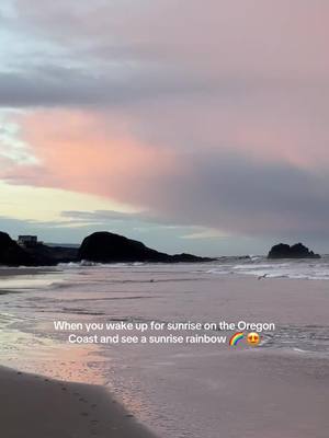 A post by @itsloganmarie on TikTok caption: The Oregon Coast is always magical, especially at sunrise with nobody around 😍 #oregoncoast #oregoncoastvibes #oregon #pnw #rainbow 